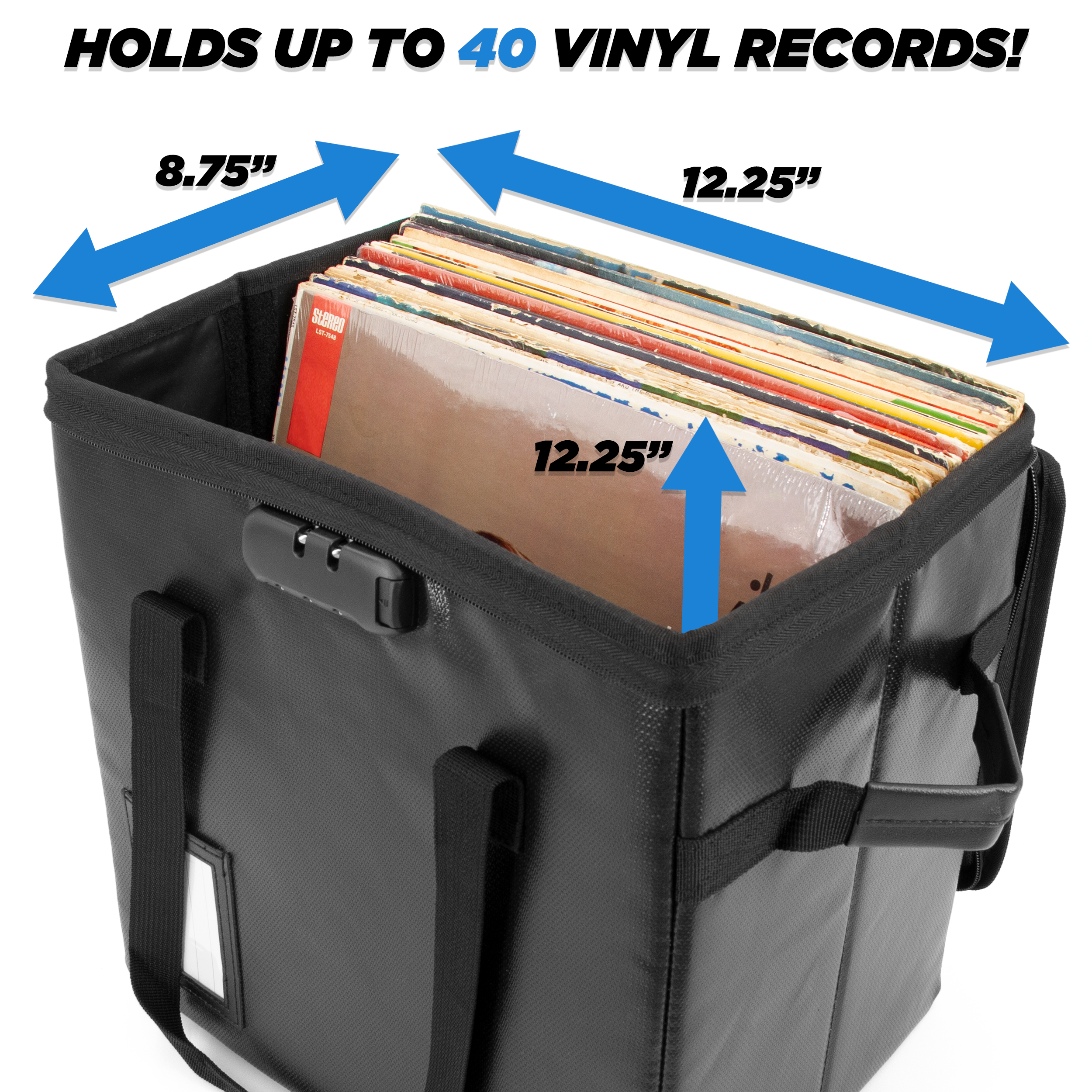 Vinyl Record Case For Up To 40 Records - Fire Resistant Vinyl Record Storage Case with Combination Lock and Removable Divider