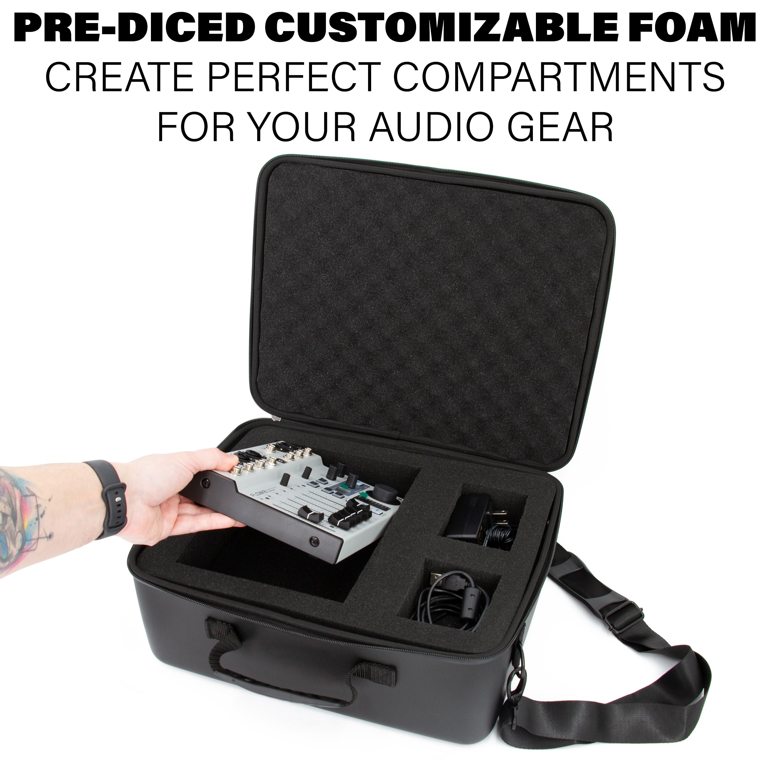 Mixer Case Compatible With Behringer Flow 8 or Xenyx 802s in Two Customizable Trays - Fits DJ Mixers and More up to 13.5" x 10.5" x 2.2"