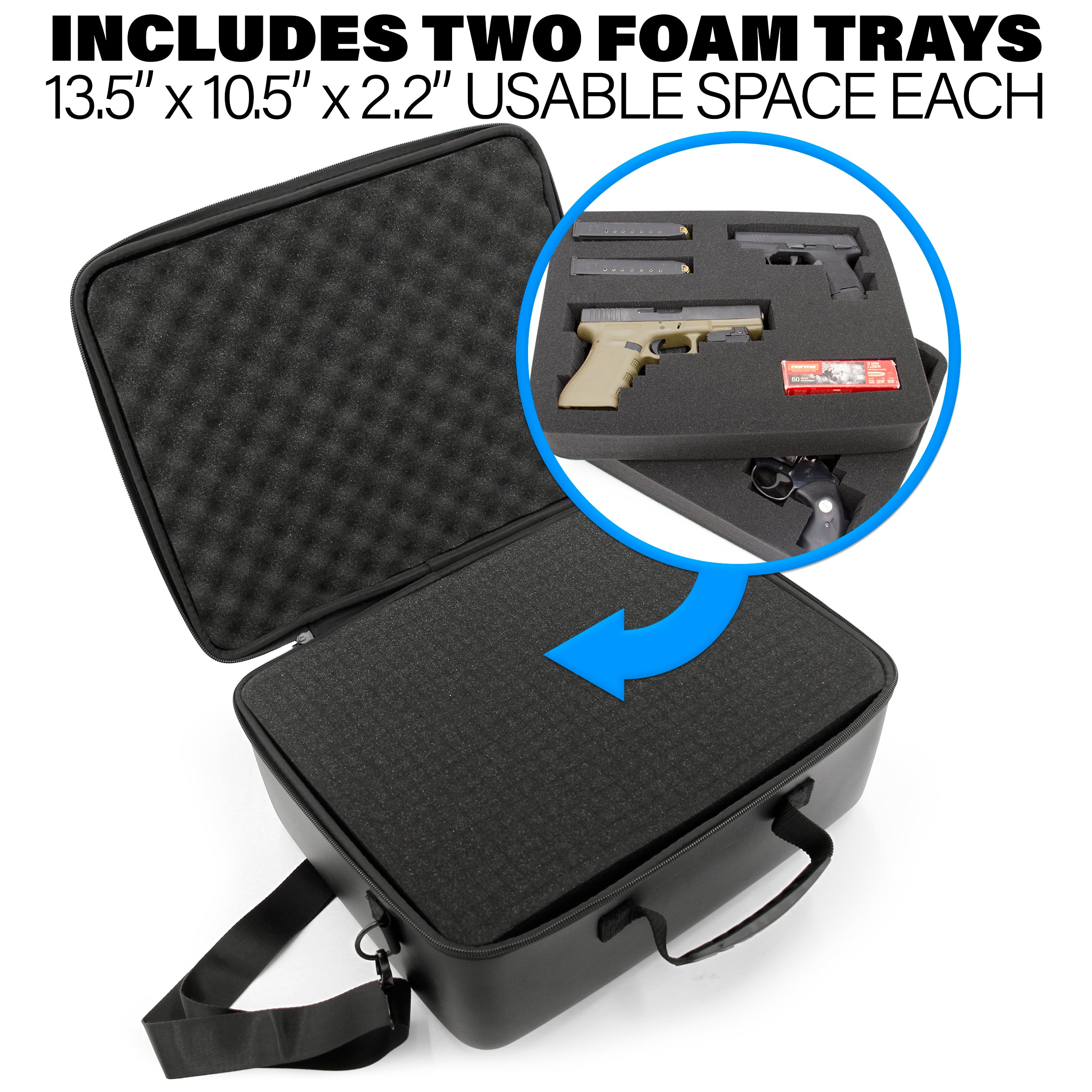 Gun Case Pistol Range Bag - Durable EVA Gun Bag with Two Layers of Customizable Foam for Up To 4 Handguns with Shoulder Strap