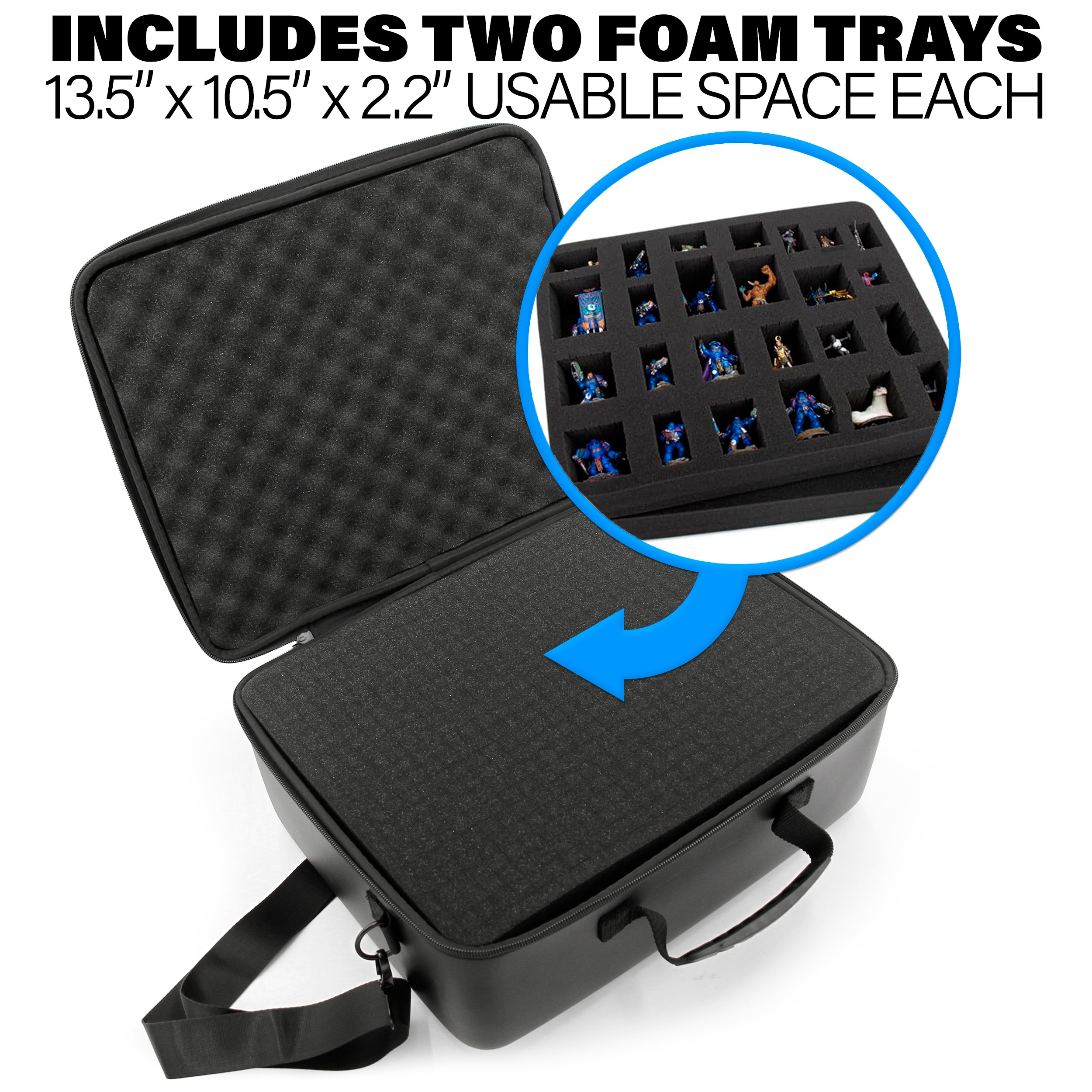 Miniature Carrying Case - Fully Customizable Miniature Storage Case with Two Pluck Foam Foam Trays For Minis, with Shoulder Strap
