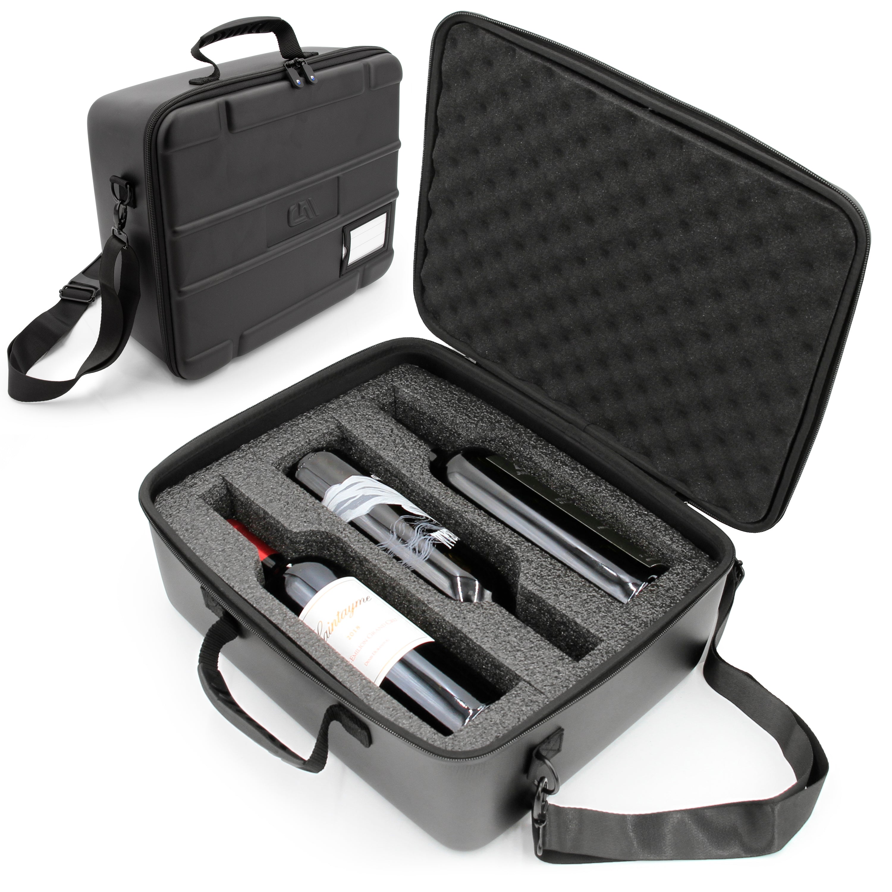 Wine Travel Case for 3 Bottles with Shock-Absorbing Foam & Adjustable Carrying Strap - Protective Wine Suitcase for Storage
