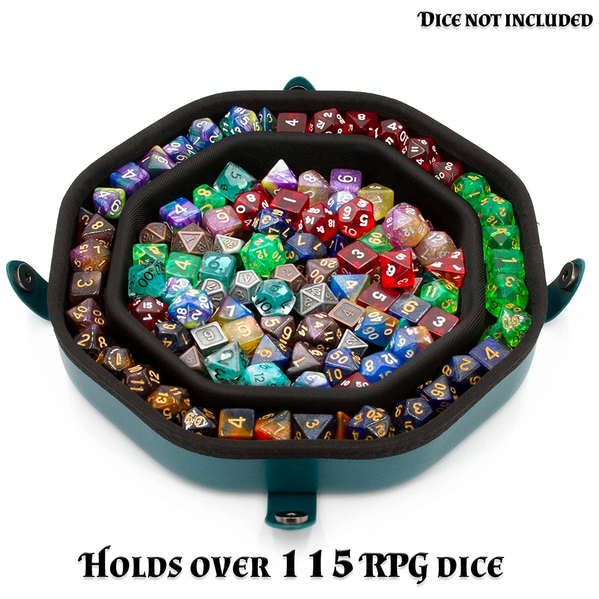 Dice Tray and Storage Case for Up to 115 RPG Dice - Dice Tray for Rolling with Magnetic Snaps, Embossed Design & Non-Scratch Interior
