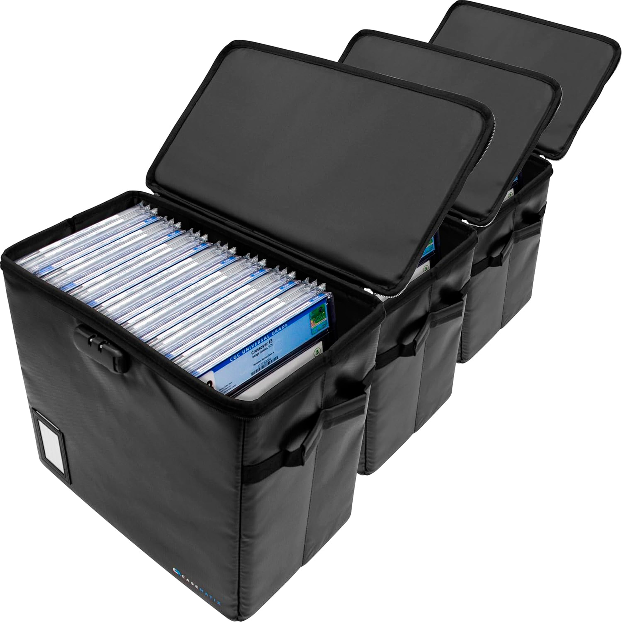 Graded Comic Book Storage Fits 30 CGC Comics - Hard Shell Fire Resistant Bin with 3 Dividers & Zipper Lock, Heat Protection (3 Pack)