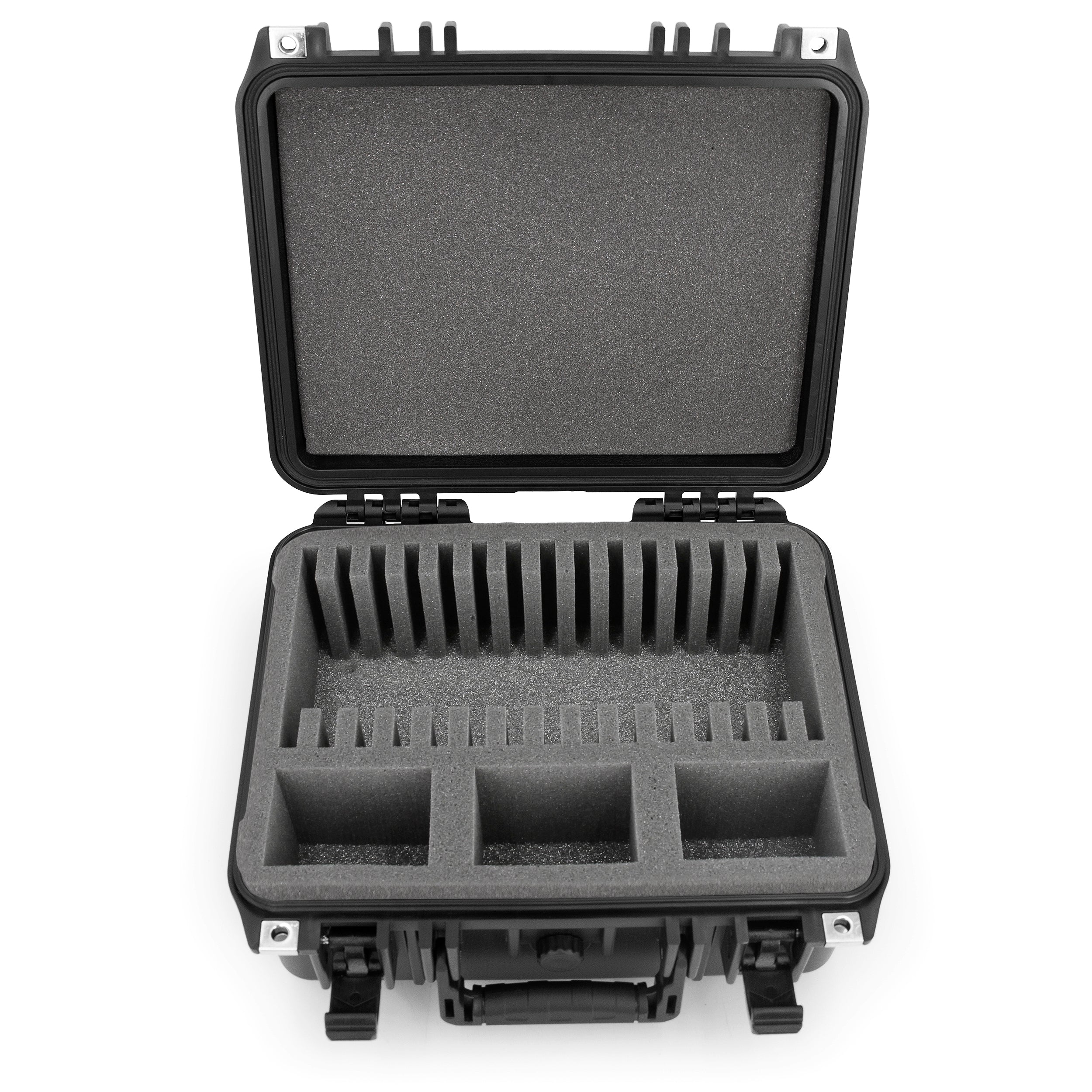 Graded Card Storage Box with 15 Slots fits SGC BGS PSA Sports Trading Cards - Waterproof Case for Toploader Slabs with Travel Handle & Lock Rings