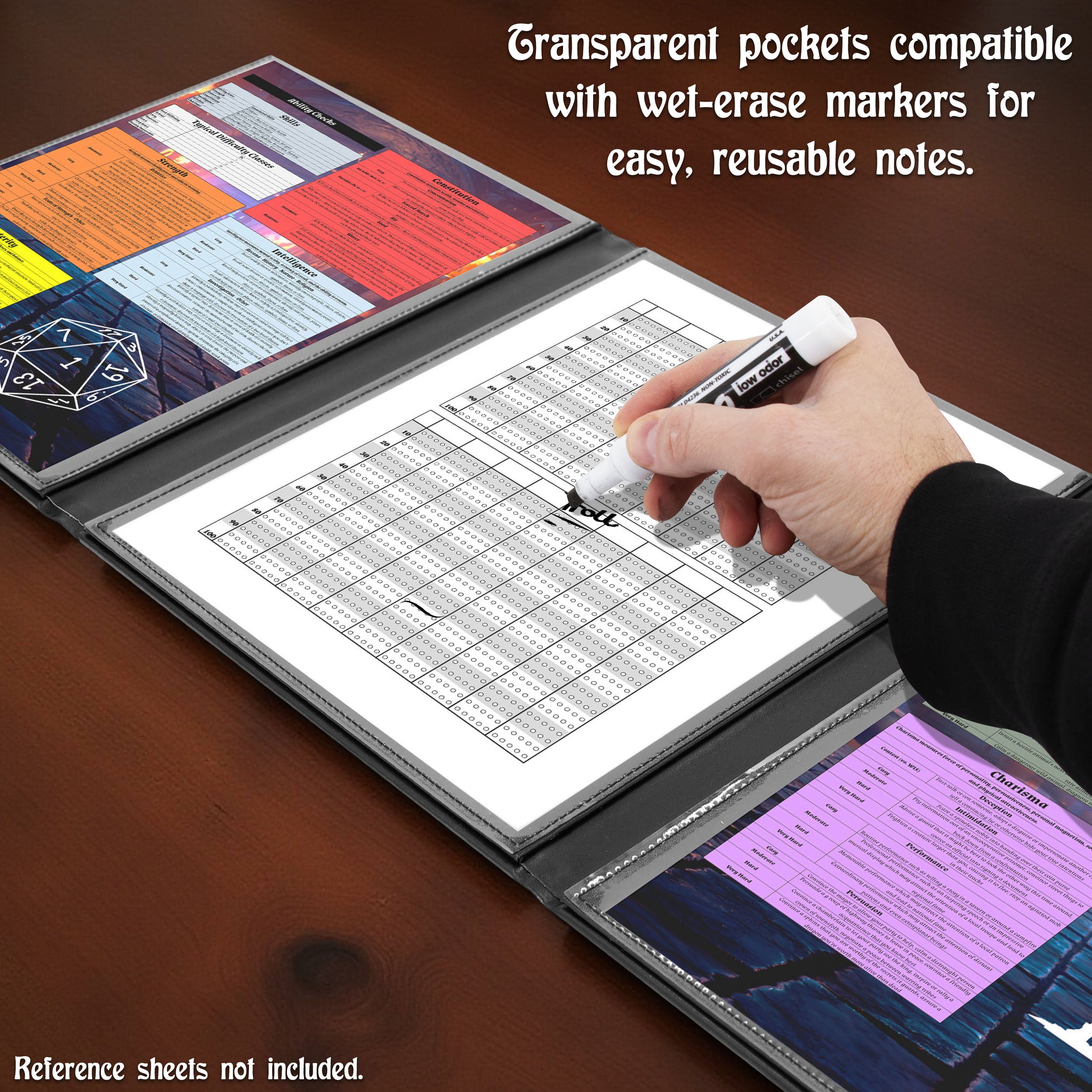 3-Panel Travel DM Screen – Compact PU Leather GM Screen with Clear Pockets & Wet-Erase Panels for Portable RPG Campaigns
