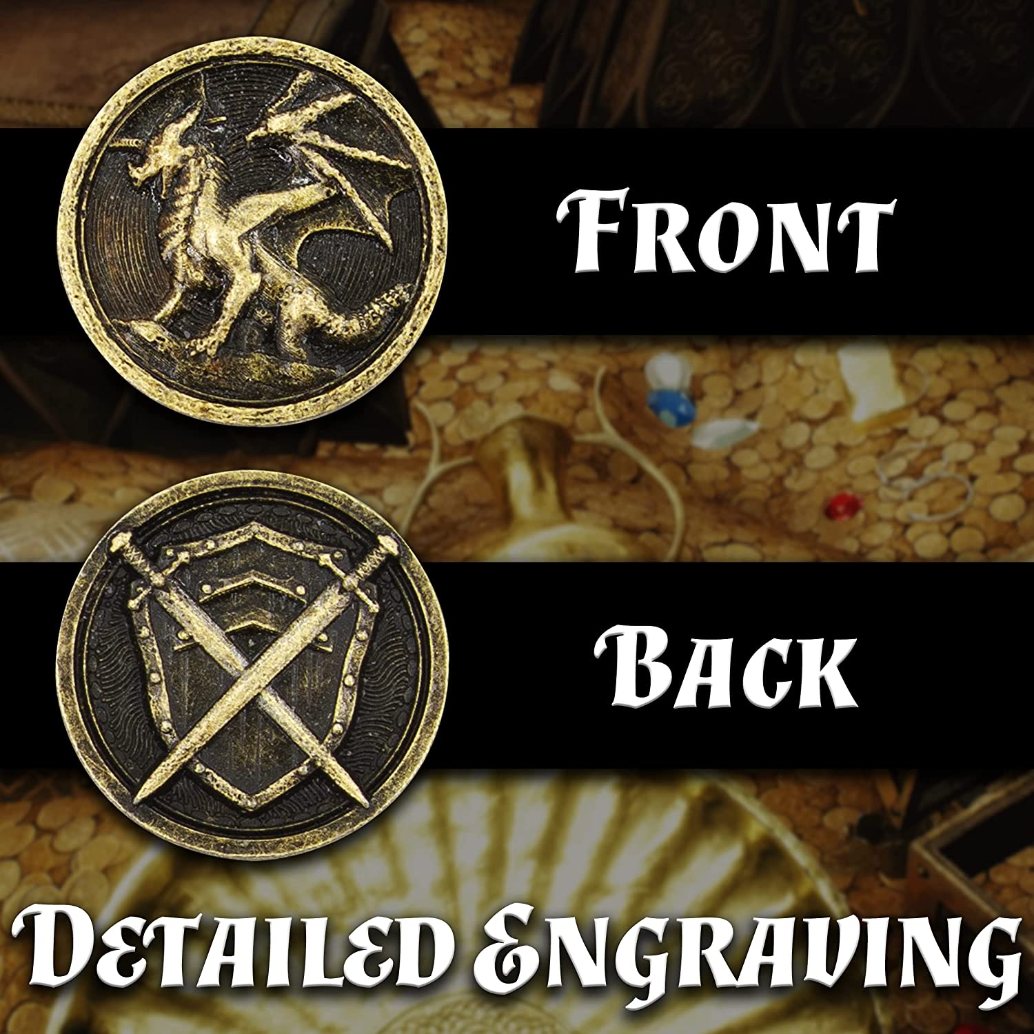 Metal Coins and Carrying Pouch for Tabletop RPG Board Games - 100 Count DND Coins Fantasy Coins with Dragons & Sword and Shield Engraving