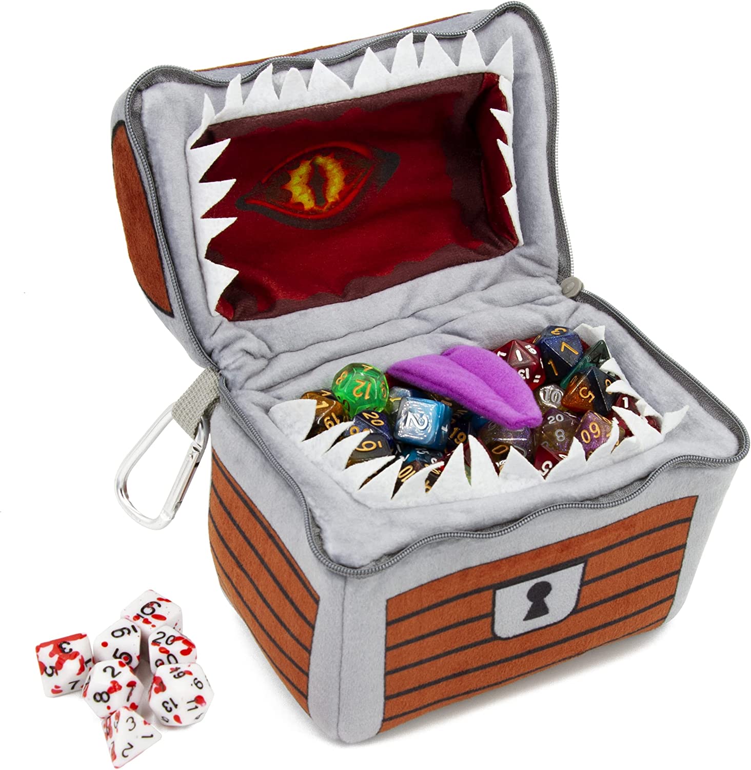 Mimic Dice Chest and Dice Jail with 7 Included RPG Dice - 6.5" Plush Mimic Chest Dice Bag with Zipper Closure and Carabiner for 150 Dice