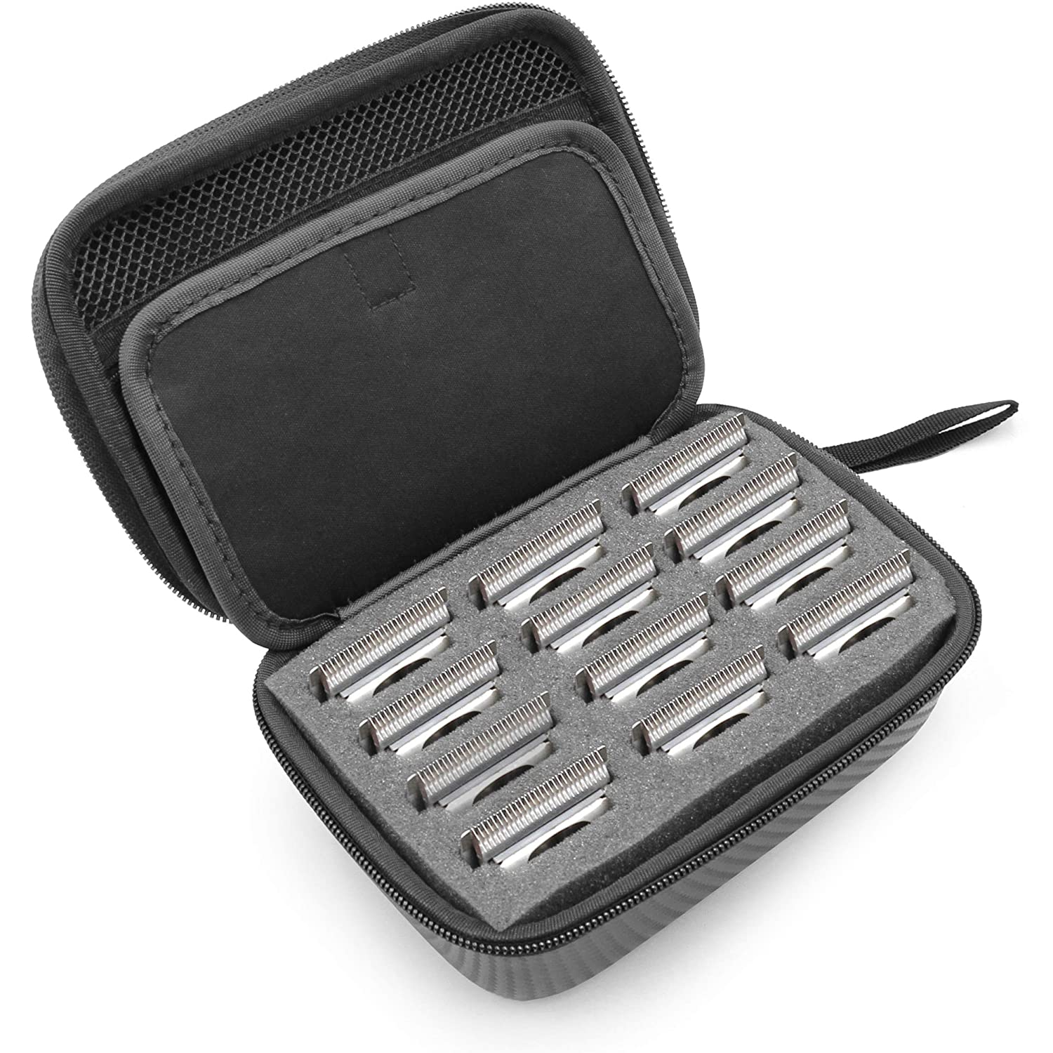 Barber Blade Case fits 12 Metal Clipper Blades - Andis/Oster/Wahl/Babyliss Compatible with Custom Padded Slots & Zippered Compartment