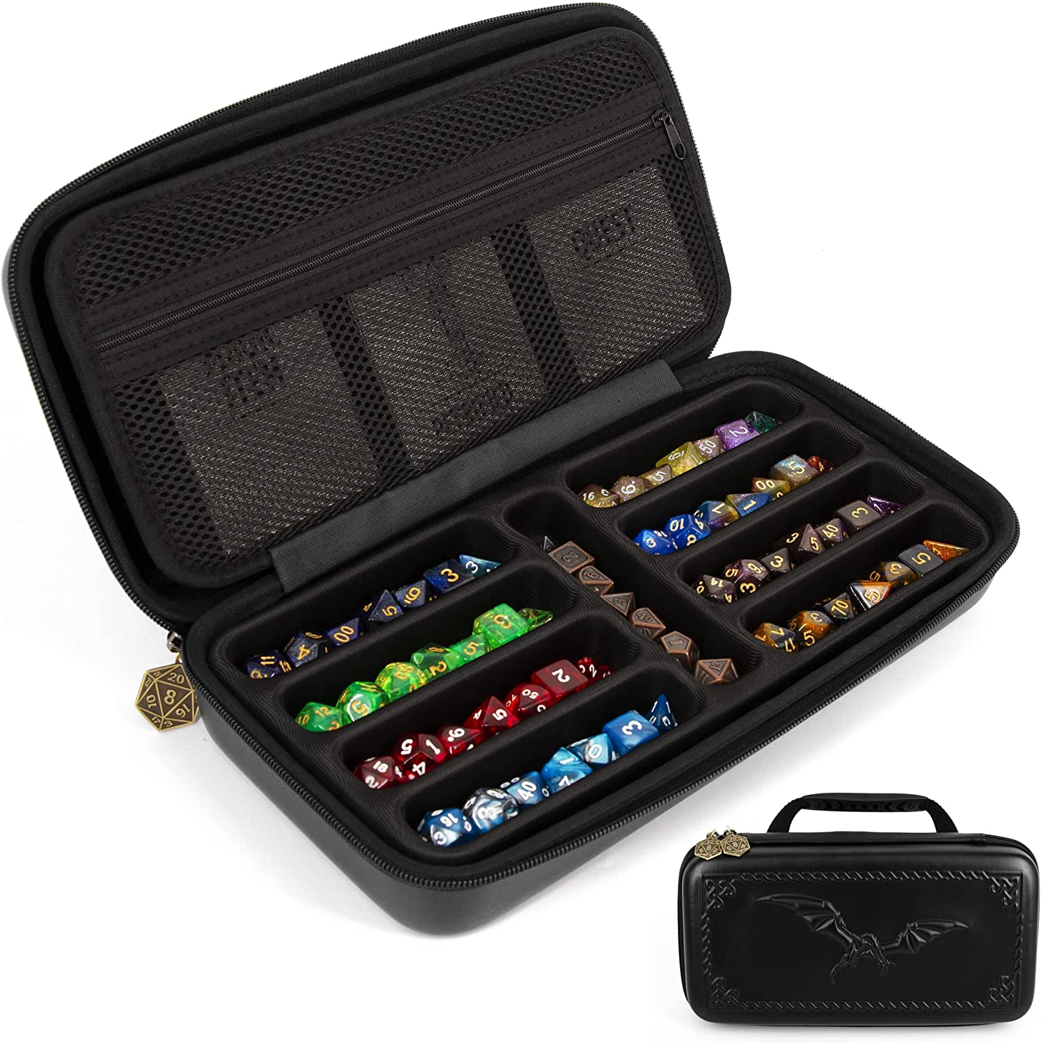 Dice Box and Card Case for 9 Sets of RPG Dice, Spell Cards, Counters and Other Accessories - Dice Holder with Embossed Dragon Design