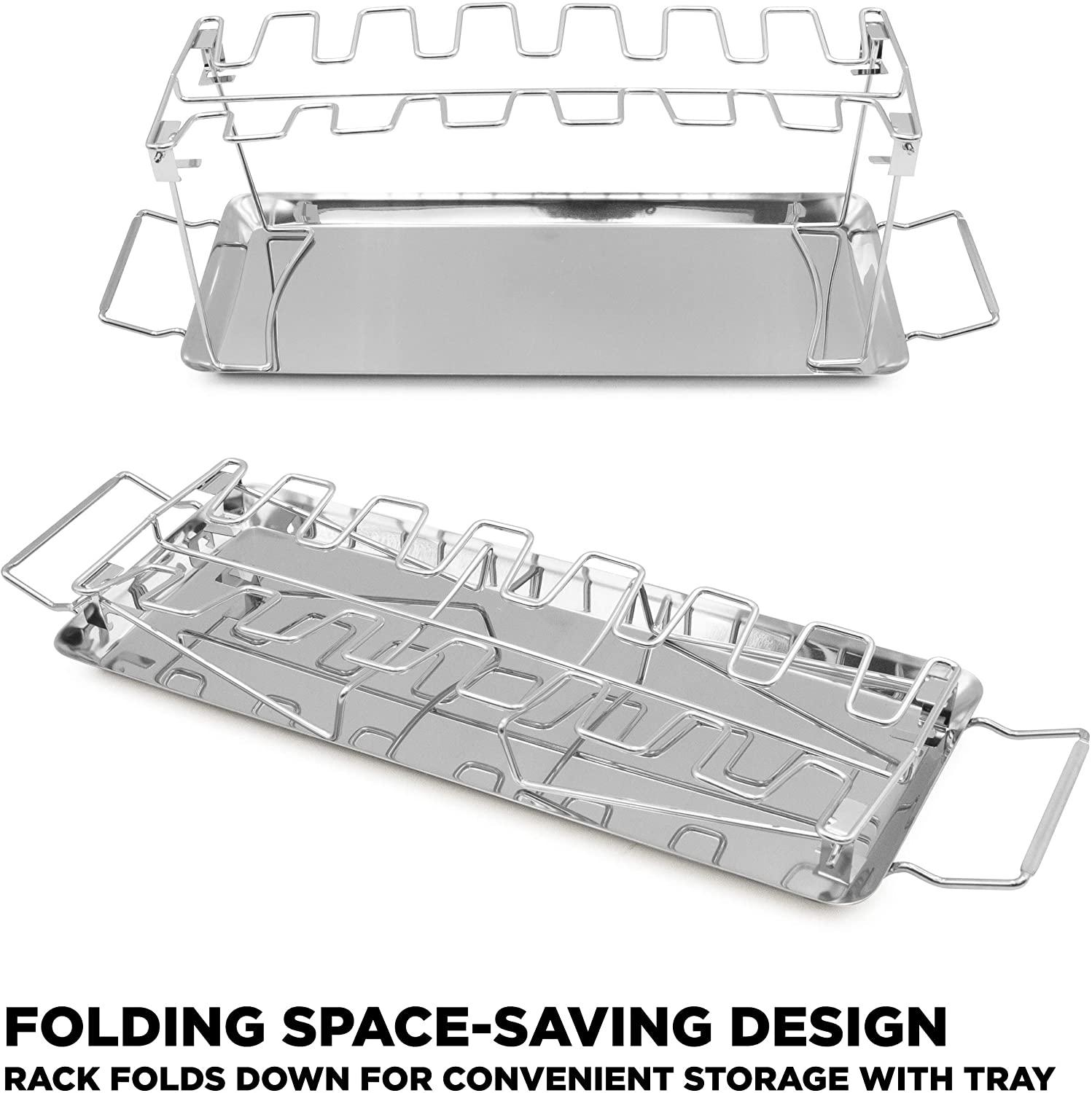 Chicken Leg Rack and Chicken Wings Grill Rack with 14 Slots, Drip Tray and Basting Brush - Stainless Steel Non-Stick Chicken Drumstick Rack