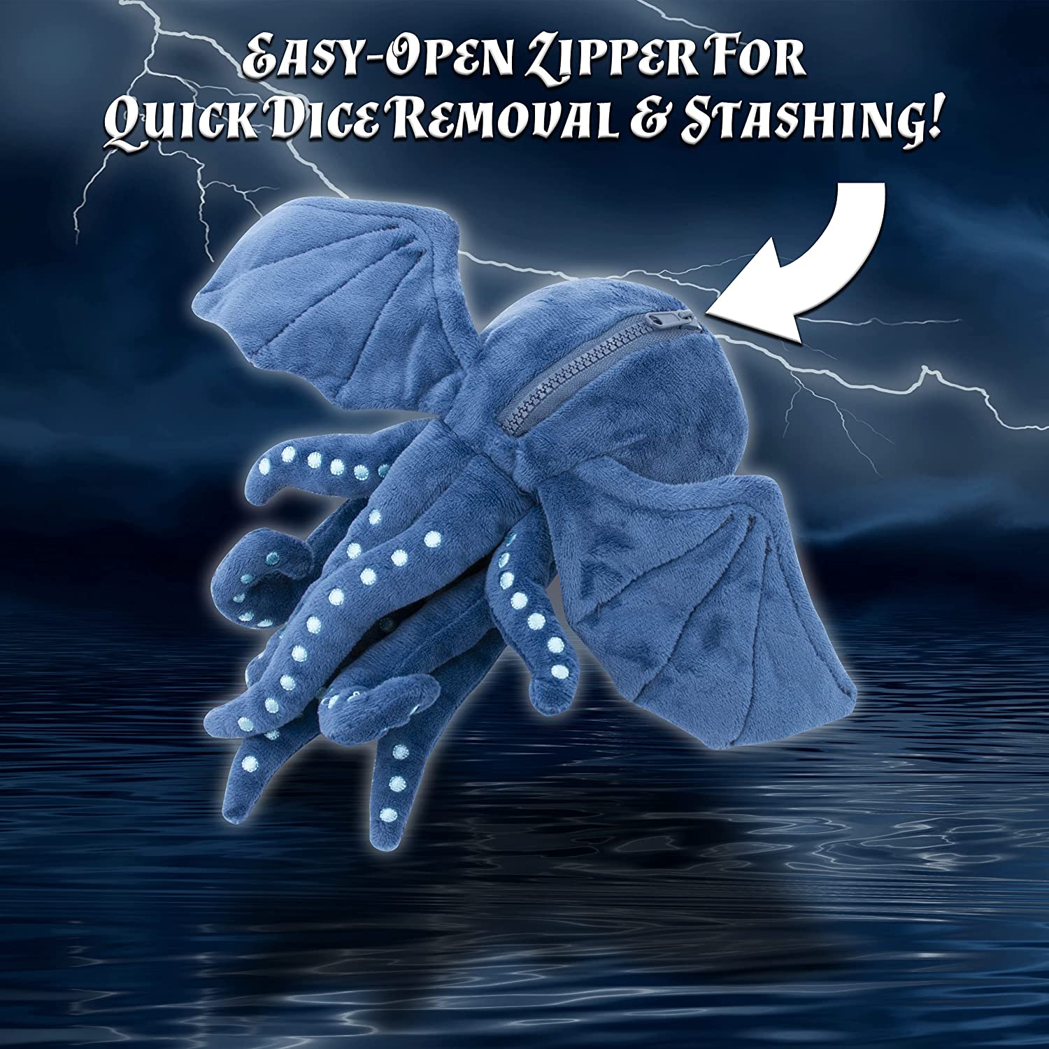 Soft Dice Case and Dice Holder with 7 Included RPG Dice - 9.5" Sea Monster Figure with Dice Storage Zipper Compartment for up to 21 Dice