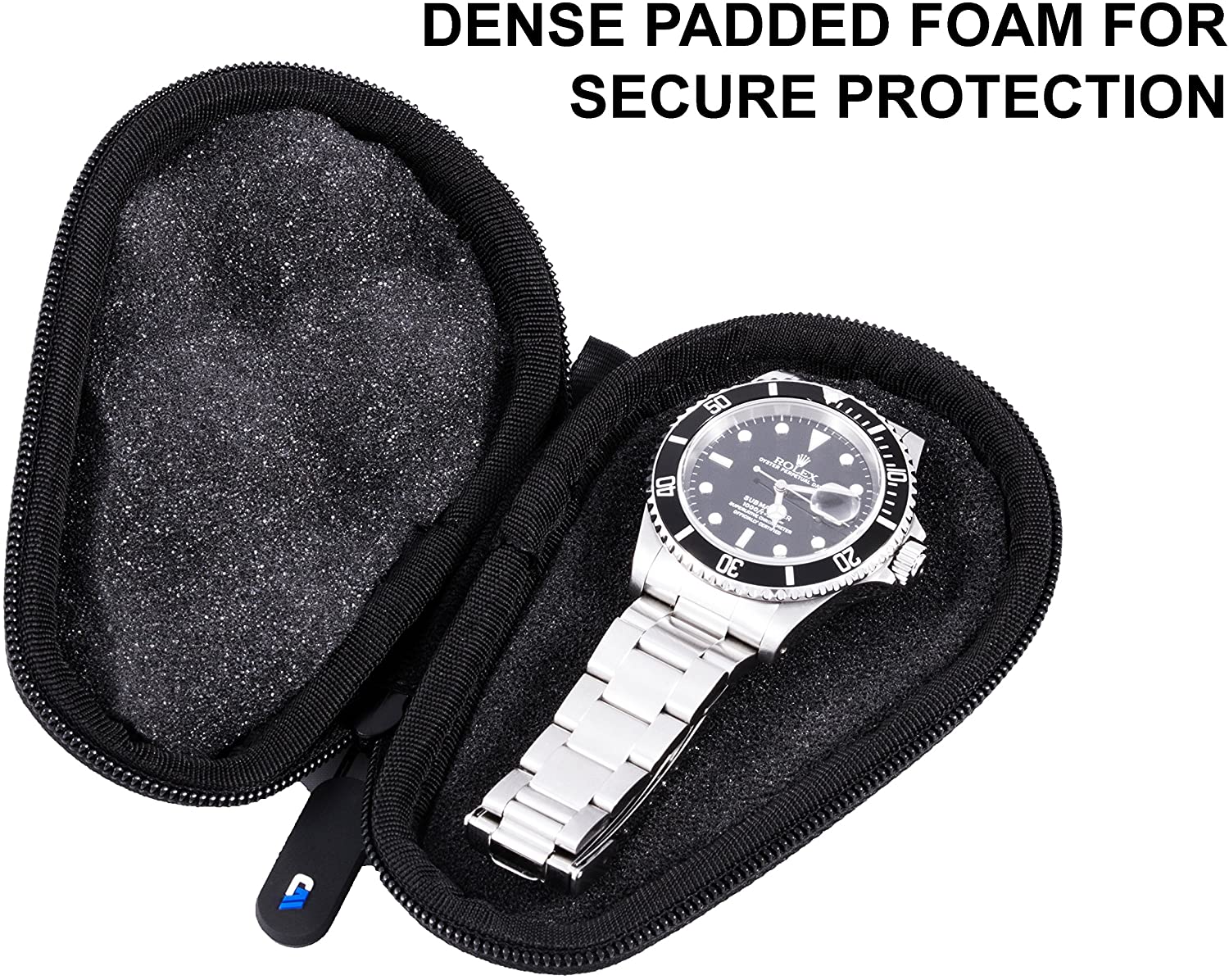Watch Travel Case for up to 56MM Watches - Hard Shell Exterior, Cushion Foam Interior, Reinforced Zippers & Metal Carabiner - Watch Box Only